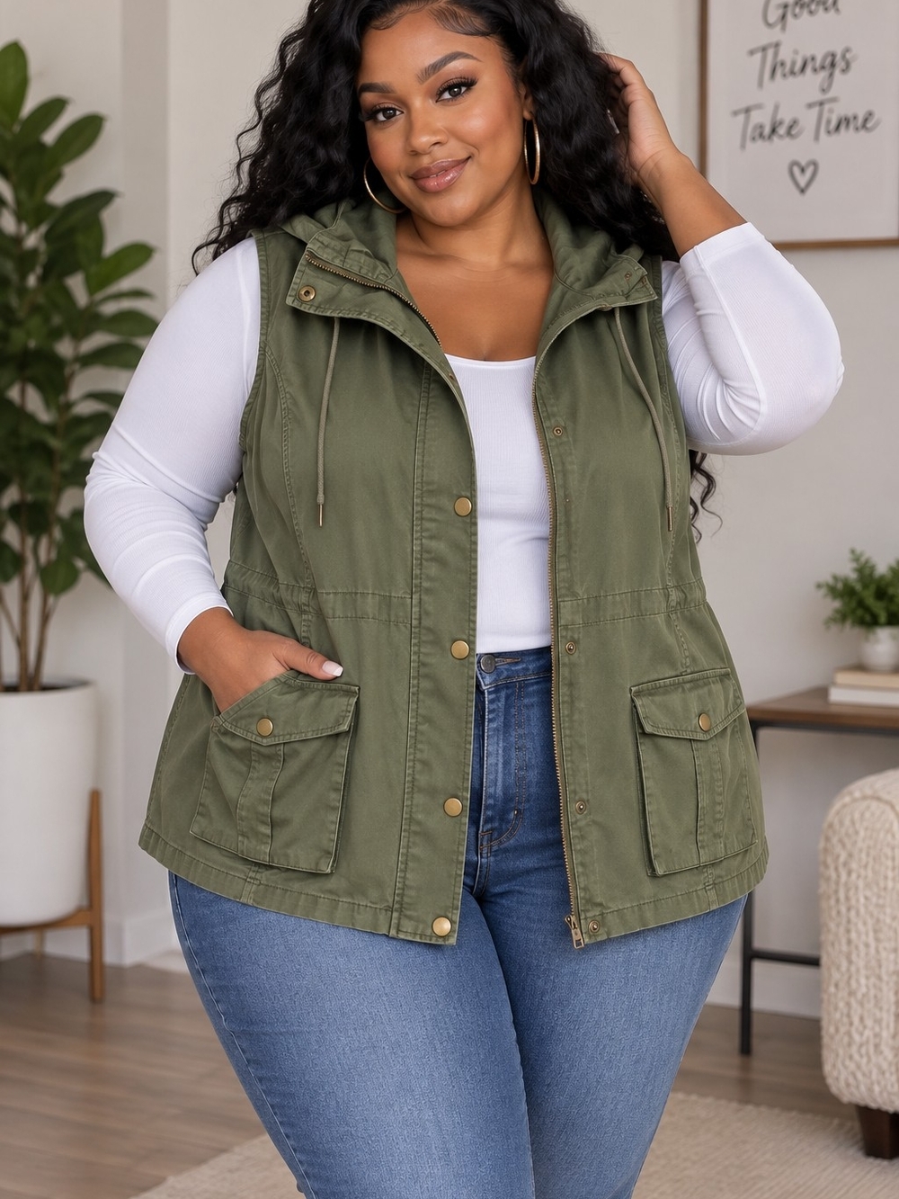 Plus Size Olive Utility Vest with Hood